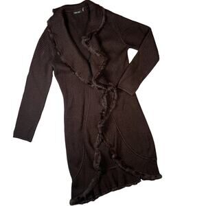 Dolce Cabo - Black Knit Fur Trim Long Cardigan Sweater Jacket - Size M